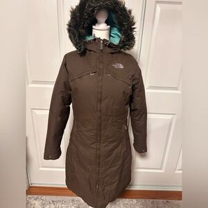 The North Face Women's *Goose Down Coat, Brown/Teal lining, Mid -Thigh Length, S